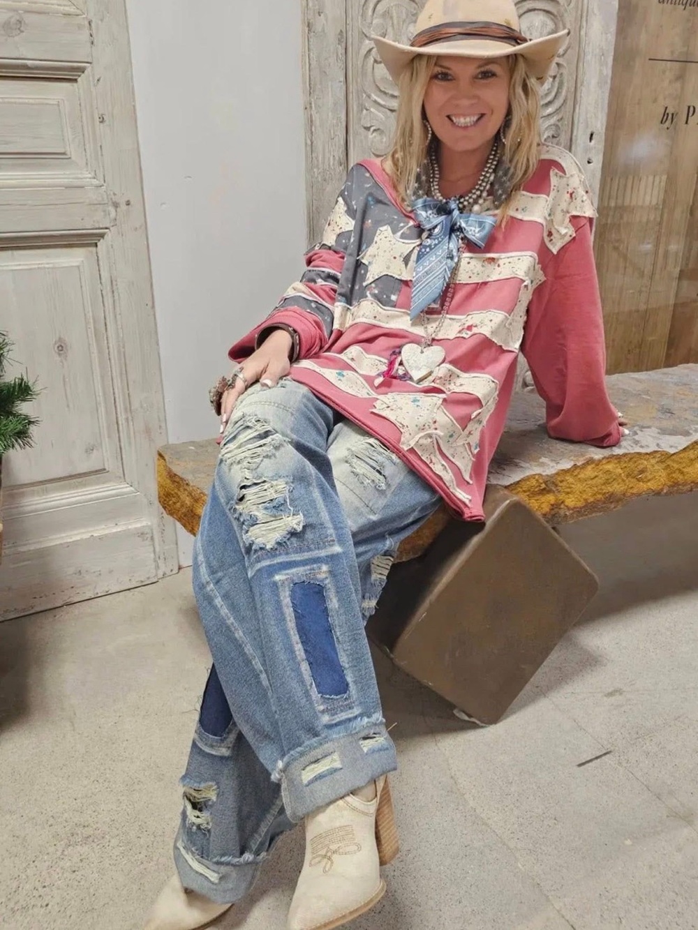 A Rare Bird Grunge Distressed Patchwork Blue Jeans - Casual Relaxed Fit